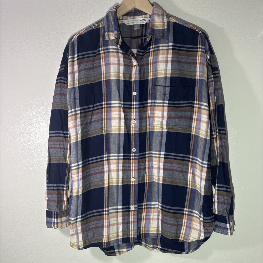Old Navy Women's Sz L The Boyfriend Shirt Blue Plaid Classic Cozy Flannel Grunge